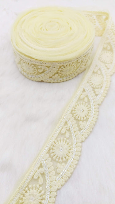 Scallop Net Fabric Lace Trim Floral Embroidery and White Sequins, Floral Sari Border, Decorative Trim